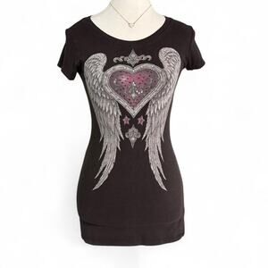 R 23 F&L Y2K Gothic Grunge Angel wings Mcbling + pink heart baby tee size small